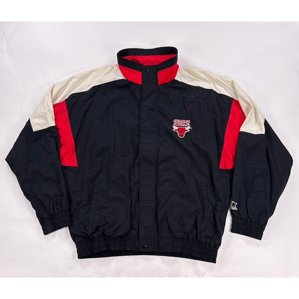 Vintage Starter Chicago Bulls Jacket XL Windbreaker 90s Spellout NBA Nylon Warm